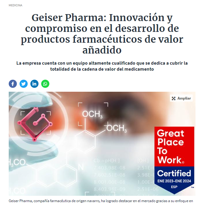 Geiser Pharma en el diario de Navarra como empresa Innovadra y comprometida en el desarrollo de medicamentos.